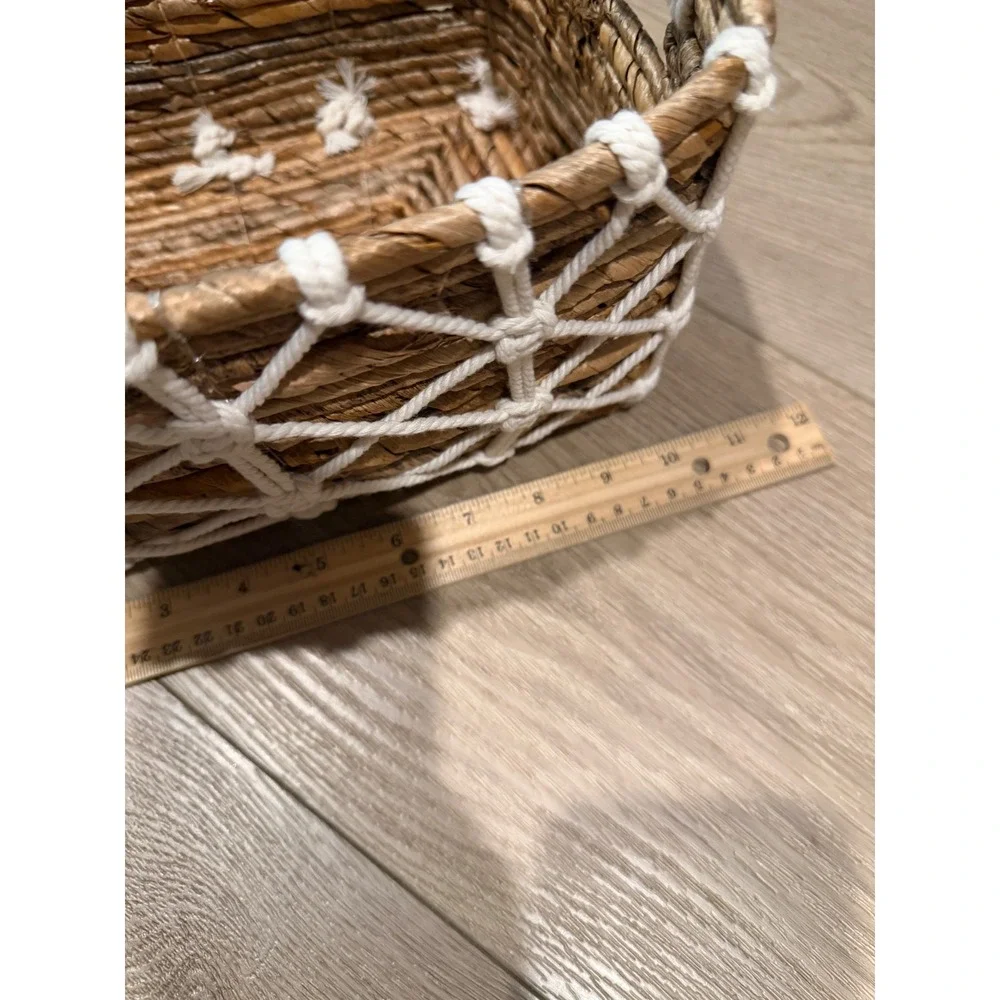 Boho Woven Seagrass Basket Macrame Overlay Rope Handles Small Storage